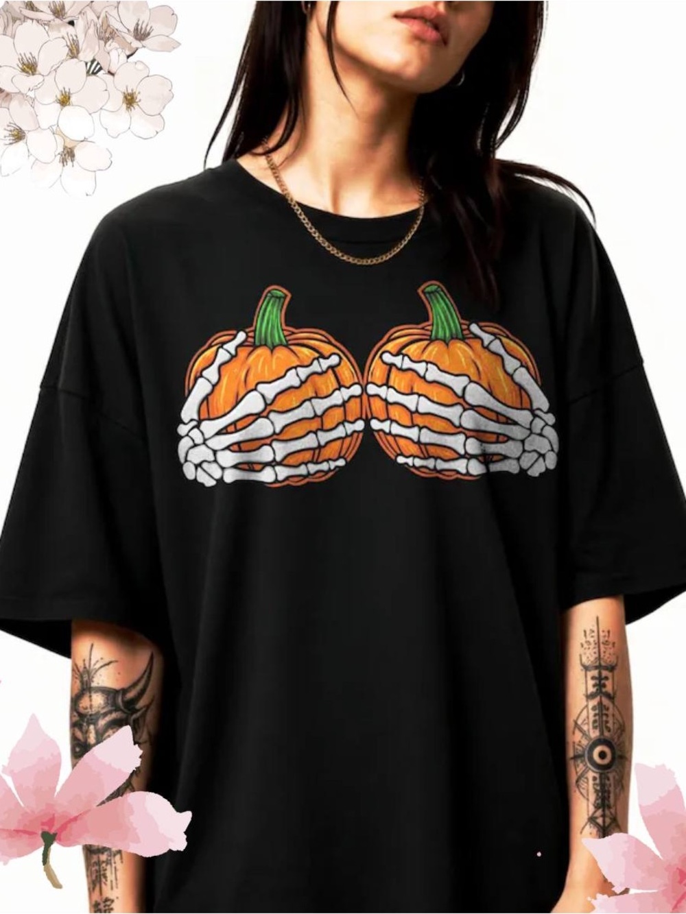 Gildan Black Short-Sleeve Tee with Pumpkin & Skeleton Hands Graphic